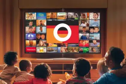 A warm and cozy living room where a diverse family, including children and adults, is gathered on a couch watching a large-screen television. The TV screen displays various Germany IPTV channels, with a German flag-inspired overlay in the center. The scene captures a joyful and relaxed atmosphere as they enjoy streaming entertainment together, experiencing high-quality IPTV streaming Germany with a vast selection of IPTV channels Germany. This immersive experience showcases the best in IPTV service Germany, ensuring seamless entertainment for all viewers.