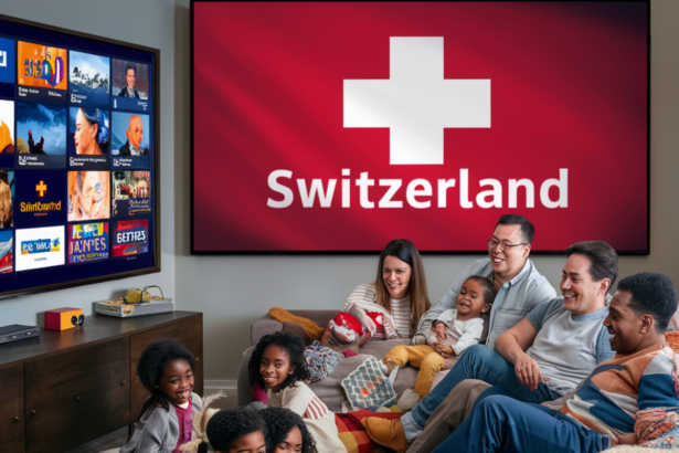 A warm and cozy living room where a diverse family, including children and adults, is gathered on a couch and floor, watching a large-screen television. The TV screen displays various Swiss IPTV channels, while a prominent flag with the word 'Switzerland' is shown on another screen in the background. The scene captures a joyful and relaxed atmosphere as they enjoy streaming entertainment together, highlighting the experience of IPTV Schweiz services. With high-quality streaming, an extensive selection of IPTV Schweiz channels, and seamless multi-device compatibility, this setup ensures an immersive viewing experience for all. Whether looking for the Best IPTV Schweiz Service Providers (2025) or exploring premium Swiss IPTV options, users can enjoy top-tier content with ease."