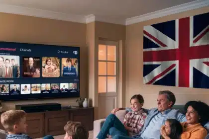 A happy family of five sits on a cozy beige sectional sofa in a warmly lit living room, watching a British IPTV service on a large wall-mounted TV. The screen displays a selection of British television shows and movies. A Union Jack flag hangs on the wall, emphasizing the British theme. The family, consisting of parents and three children, is dressed casually and appears to be enjoying a relaxing entertainment experience together.