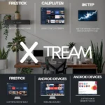 The image showcases a modern workspace with plants and a clean, minimalistic design, featuring a central focus on Xtream IPTV setup for various devices in 2025. The Firestick and Android devices are highlighted, with corresponding setups displayed on a TV screen and computers in the background. The text "FIRESTICK", "ANDROID DEVICES", and "XTREAM" are prominently placed in the foreground, emphasizing the multi-device compatibility for Xtream IPTV. The text also hints at a step-by-step guide for easy installation. Some text on the devices appears as placeholder or gibberish, possibly meant for demonstration purposes ,Complete Xtream IPTV Setup & Download Guide for Firestick and More Devices Quick and Easy Installation in 2025