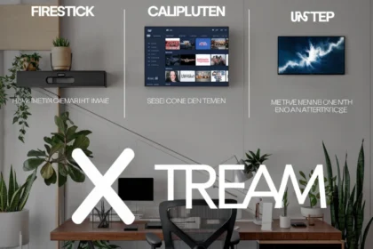 The image showcases a modern workspace with plants and a clean, minimalistic design, featuring a central focus on Xtream IPTV setup for various devices in 2025. The Firestick and Android devices are highlighted, with corresponding setups displayed on a TV screen and computers in the background. The text "FIRESTICK", "ANDROID DEVICES", and "XTREAM" are prominently placed in the foreground, emphasizing the multi-device compatibility for Xtream IPTV. The text also hints at a step-by-step guide for easy installation. Some text on the devices appears as placeholder or gibberish, possibly meant for demonstration purposes ,Complete Xtream IPTV Setup & Download Guide for Firestick and More Devices Quick and Easy Installation in 2025