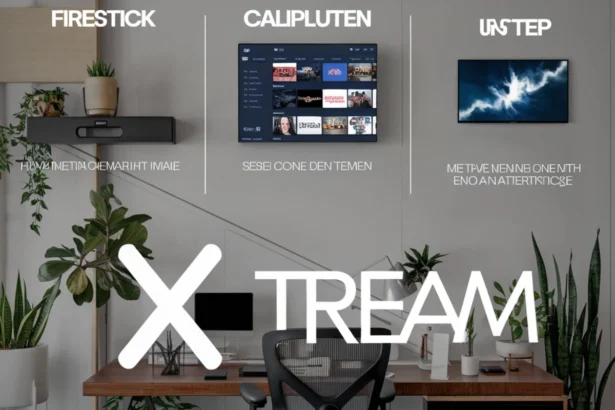 The image showcases a modern workspace with plants and a clean, minimalistic design, featuring a central focus on Xtream IPTV setup for various devices in 2025. The Firestick and Android devices are highlighted, with corresponding setups displayed on a TV screen and computers in the background. The text "FIRESTICK", "ANDROID DEVICES", and "XTREAM" are prominently placed in the foreground, emphasizing the multi-device compatibility for Xtream IPTV. The text also hints at a step-by-step guide for easy installation. Some text on the devices appears as placeholder or gibberish, possibly meant for demonstration purposes ,Complete Xtream IPTV Setup & Download Guide for Firestick and More Devices Quick and Easy Installation in 2025