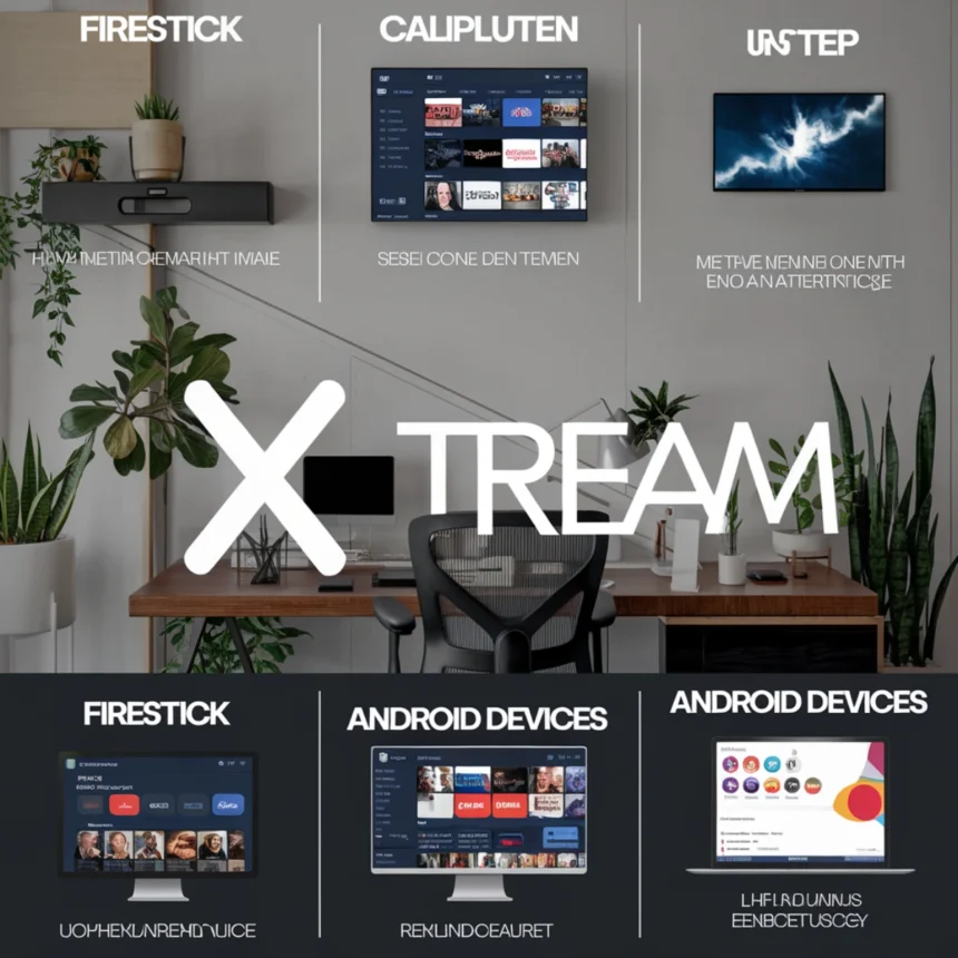 The image showcases a modern workspace with plants and a clean, minimalistic design, featuring a central focus on Xtream IPTV setup for various devices in 2025. The Firestick and Android devices are highlighted, with corresponding setups displayed on a TV screen and computers in the background. The text "FIRESTICK", "ANDROID DEVICES", and "XTREAM" are prominently placed in the foreground, emphasizing the multi-device compatibility for Xtream IPTV. The text also hints at a step-by-step guide for easy installation. Some text on the devices appears as placeholder or gibberish, possibly meant for demonstration purposes ,Complete Xtream IPTV Setup & Download Guide for Firestick and More Devices Quick and Easy Installation in 2025