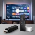 The image shows a smart TV displaying a variety of apps and streaming options, likely related to IPTV services. In the foreground, two remote controls are placed on a sleek surface: one appears to be a Firestick remote with a USB-C connector at the back, and the other is a standard TV remote. Above the remotes, there is a holographic interface displaying a hexagon, possibly indicating a selection or focus area in the IPTV interface. The overall aesthetic is modern and clean, suggesting a futuristic, tech-driven viewing experience ,How to Install Smart IPTV on Firestick & Android TV (2025)