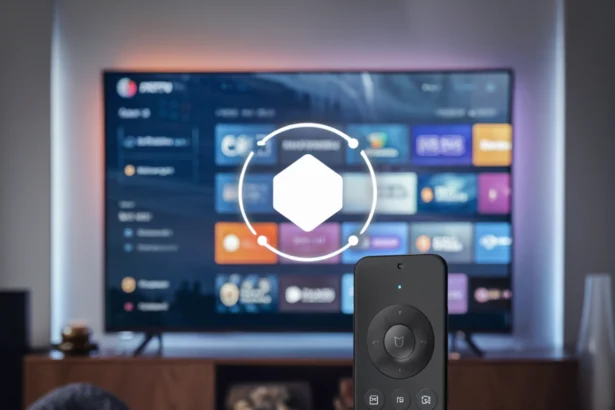 The image shows a smart TV displaying a variety of apps and streaming options, likely related to IPTV services. In the foreground, two remote controls are placed on a sleek surface: one appears to be a Firestick remote with a USB-C connector at the back, and the other is a standard TV remote. Above the remotes, there is a holographic interface displaying a hexagon, possibly indicating a selection or focus area in the IPTV interface. The overall aesthetic is modern and clean, suggesting a futuristic, tech-driven viewing experience ,How to Install Smart IPTV on Firestick & Android TV (2025)