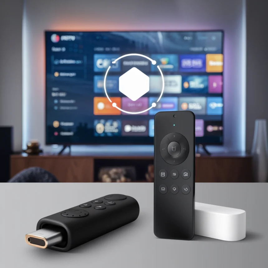 The image shows a smart TV displaying a variety of apps and streaming options, likely related to IPTV services. In the foreground, two remote controls are placed on a sleek surface: one appears to be a Firestick remote with a USB-C connector at the back, and the other is a standard TV remote. Above the remotes, there is a holographic interface displaying a hexagon, possibly indicating a selection or focus area in the IPTV interface. The overall aesthetic is modern and clean, suggesting a futuristic, tech-driven viewing experience ,How to Install Smart IPTV on Firestick & Android TV (2025)