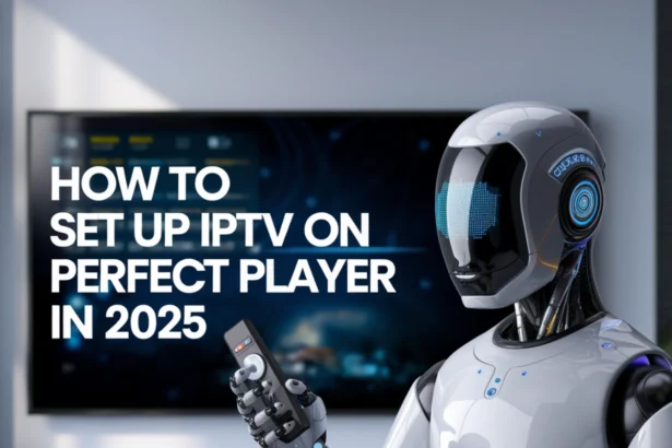 The image features a futuristic robot holding a remote control and standing in front of a smart TV displaying an IPTV interface. The screen shows details related to Perfect Player, a popular IPTV app. The robot, with a sleek design and illuminated elements on its body, is set in a modern living room environment, suggesting a high-tech setup for setting up IPTV in 2025. The text "HOW TO SET UP IPTV ON PERFECT PLAYER IN 2025" is prominently displayed, indicating the tutorial or guide being presented in the scene ,How to set up IPTV on Perfect Player in 2025