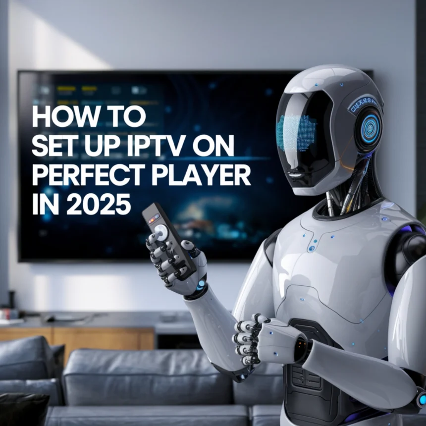 The image features a futuristic robot holding a remote control and standing in front of a smart TV displaying an IPTV interface. The screen shows details related to Perfect Player, a popular IPTV app. The robot, with a sleek design and illuminated elements on its body, is set in a modern living room environment, suggesting a high-tech setup for setting up IPTV in 2025. The text "HOW TO SET UP IPTV ON PERFECT PLAYER IN 2025" is prominently displayed, indicating the tutorial or guide being presented in the scene ,How to set up IPTV on Perfect Player in 2025