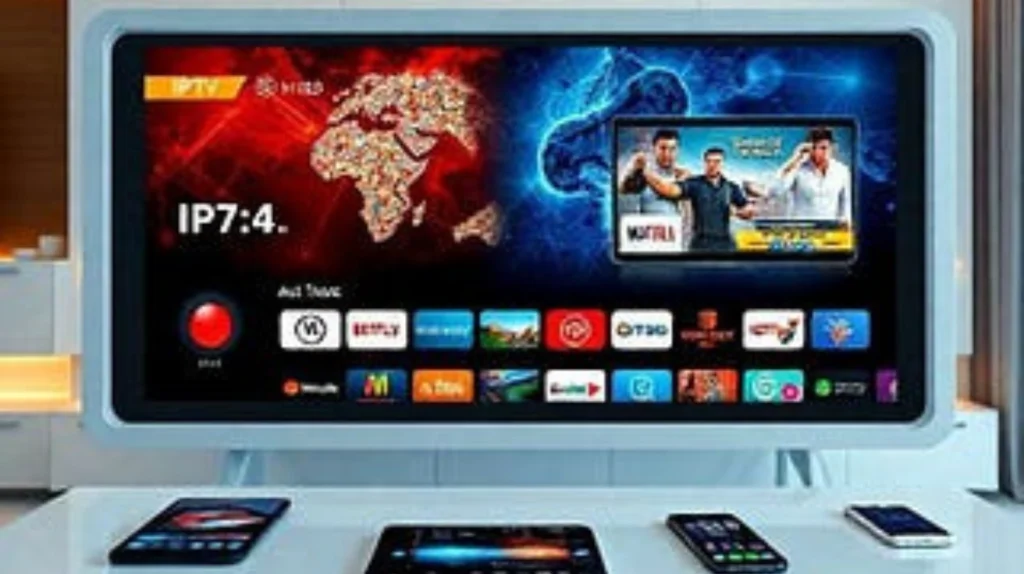 A modern IPTV interface displayed on a white-framed television showing "IP7:4" with a stylized world map in red and blue lighting effects. The screen displays various app icons for streaming services and channel logos including ESPN. Below the TV are multiple mobile devices, suggesting multi-device compatibility. This represents the technology aspect of IPTV systems and their integration with multiple devices.