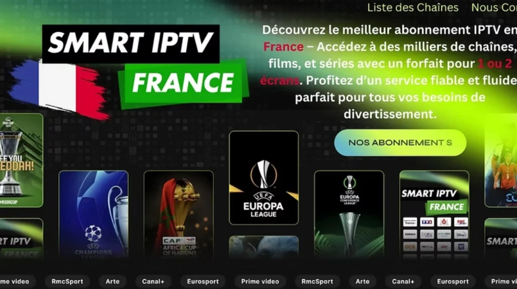 A promotional banner for "SMART IPTV FRANCE" featuring the French flag and advertising text in French. The interface showcases various sports tournament logos including UEFA Champions League, Africa Cup of Nations, and Europa League. The French text promotes access to thousands of channels, movies, and series with plans for 1 or 2 screens. This represents marketing for French IPTV services with emphasis on sports content.