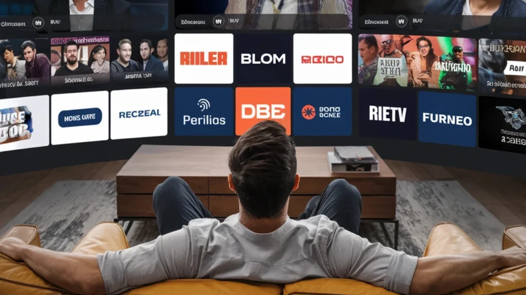 A rear view of a person sitting on a tan leather couch facing a large curved display showing an IPTV interface with multiple channel and content options. The interface displays various streaming service logos and content thumbnails including "RULER," "BLOM," "RECO," "Perilios," "DBE," "RIETV," and others. This represents the modern streaming experience with numerous content options available through IPTV interfaces.