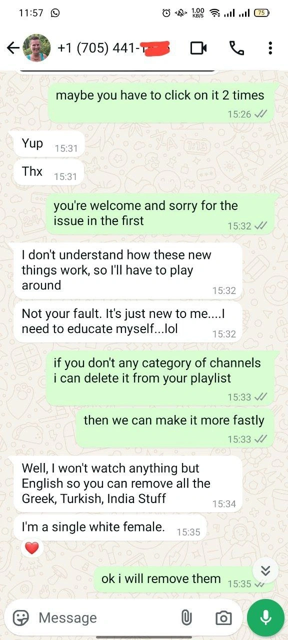 A series of WhatsApp chat conversations discussing IPTV services. The first conversation covers details about a one-year, four-device IPTV subscription, including the need for the MAC ID and device key for activation. The second conversation involves troubleshooting IPTV issues, with support offering to remove unwanted channels. The third chat features a customer asking about IPTVShark services after being recommended by a colleague, questioning the discrepancy between the logo shown in the app and the one on the website.
