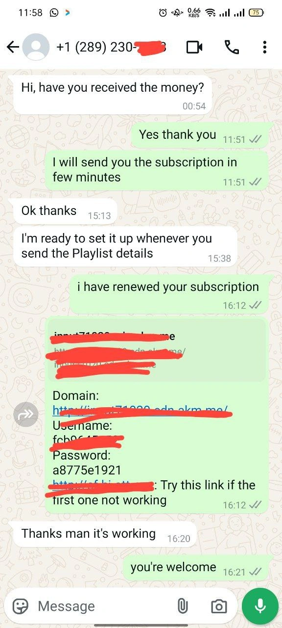 A series of WhatsApp chat conversations discussing IPTV services. The first conversation covers details about a one-year, four-device IPTV subscription, including the need for the MAC ID and device key for activation. The second conversation involves troubleshooting IPTV issues, with support offering to remove unwanted channels. The third chat features a customer asking about IPTVShark services after being recommended by a colleague, questioning the discrepancy between the logo shown in the app and the one on the website.
