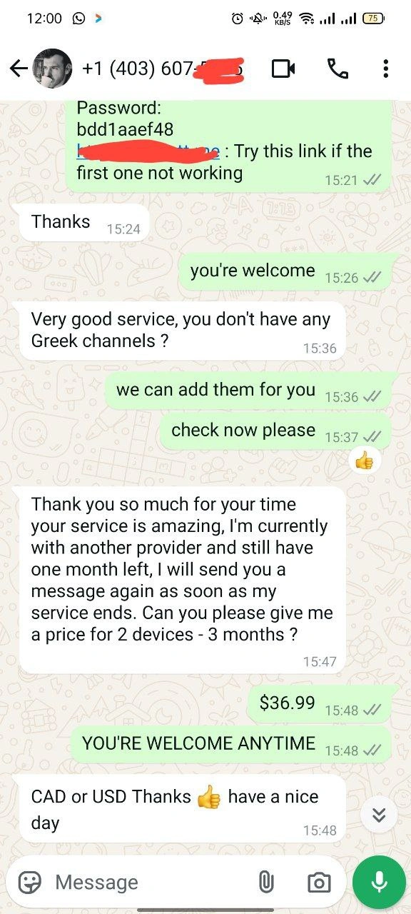 A series of WhatsApp chat conversations discussing IPTV services. The first conversation covers details about a one-year, four-device IPTV subscription, including the need for the MAC ID and device key for activation. The second conversation involves troubleshooting IPTV issues, with support offering to remove unwanted channels. The third chat features a customer asking about IPTVShark services after being recommended by a colleague, questioning the discrepancy between the logo shown in the app and the one on the website.