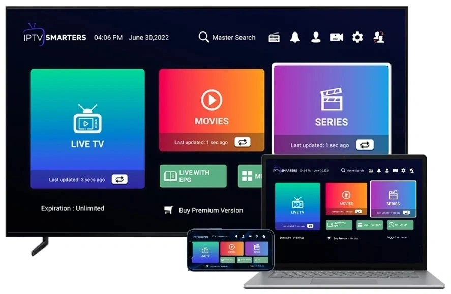 IPTV Smarters interface displaying live TV, movies, and series options across multiple devices, including a TV, laptop, and mobile phone."