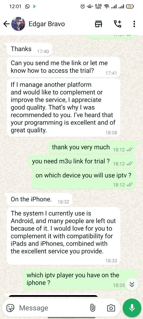 A series of WhatsApp chat conversations discussing IPTV services. The first conversation covers details about a one-year, four-device IPTV subscription, including the need for the MAC ID and device key for activation. The second conversation involves troubleshooting IPTV issues, with support offering to remove unwanted channels. The third chat features a customer asking about IPTVShark services after being recommended by a colleague, questioning the discrepancy between the logo shown in the app and the one on the website.