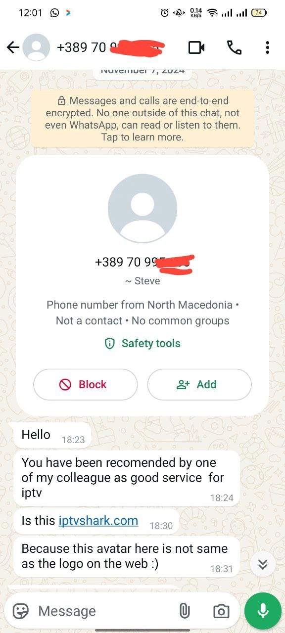 A series of WhatsApp chat conversations discussing IPTV services. The first conversation covers details about a one-year, four-device IPTV subscription, including the need for the MAC ID and device key for activation. The second conversation involves troubleshooting IPTV issues, with support offering to remove unwanted channels. The third chat features a customer asking about IPTVShark services after being recommended by a colleague, questioning the discrepancy between the logo shown in the app and the one on the website.