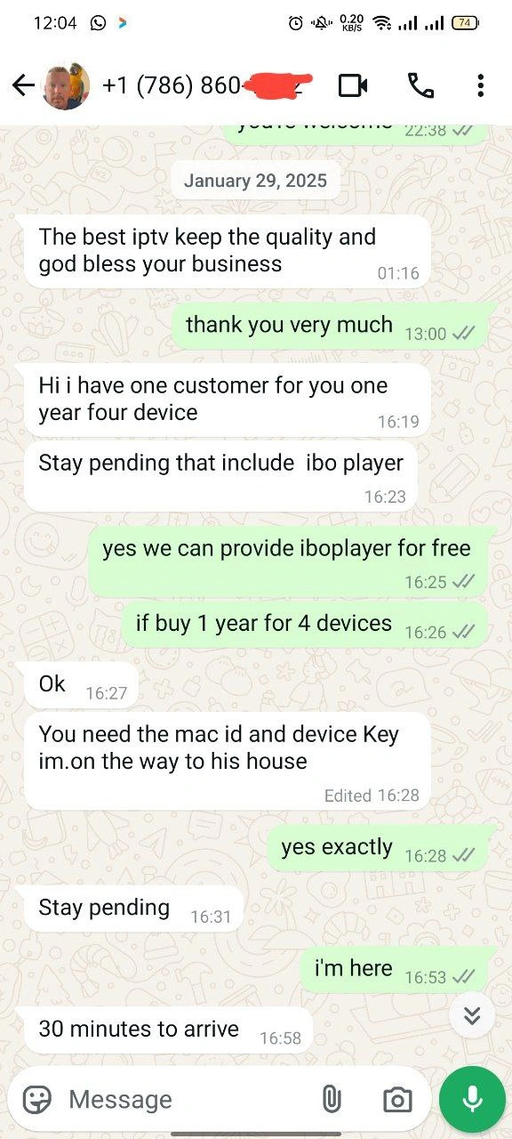 A series of WhatsApp chat conversations discussing IPTV services. The first conversation covers details about a one-year, four-device IPTV subscription, including the need for the MAC ID and device key for activation. The second conversation involves troubleshooting IPTV issues, with support offering to remove unwanted channels. The third chat features a customer asking about IPTVShark services after being recommended by a colleague, questioning the discrepancy between the logo shown in the app and the one on the website.