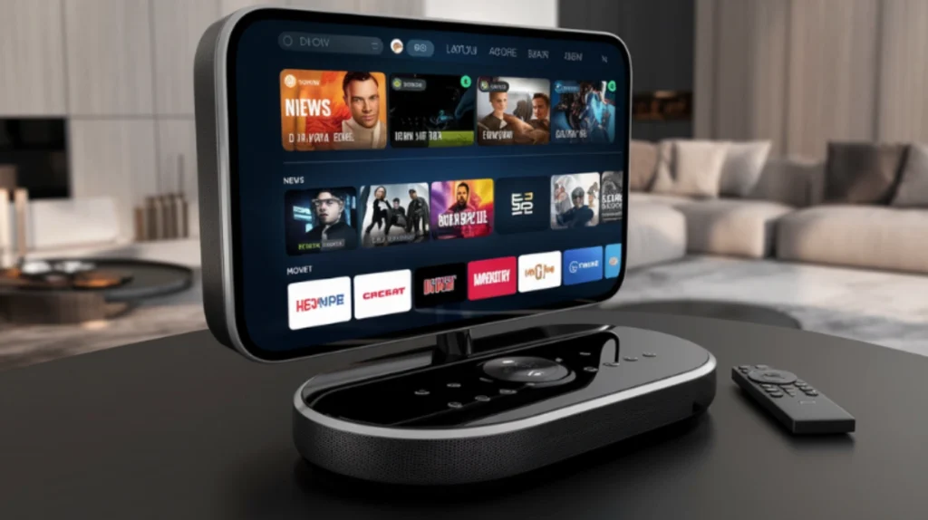 A sleek, modern IPTV device with an integrated screen displaying a content interface featuring news shows, movies, and channel options. The device sits on what appears to be a tabletop with a remote control next to it. The screen shows content categories including "NEWS" and "MOVIE" with various channel logos and program thumbnails. In the background, a blurred living room setting is visible. This represents the latest in portable IPTV technology that combines streaming capabilities with a dedicated display for convenient viewing.