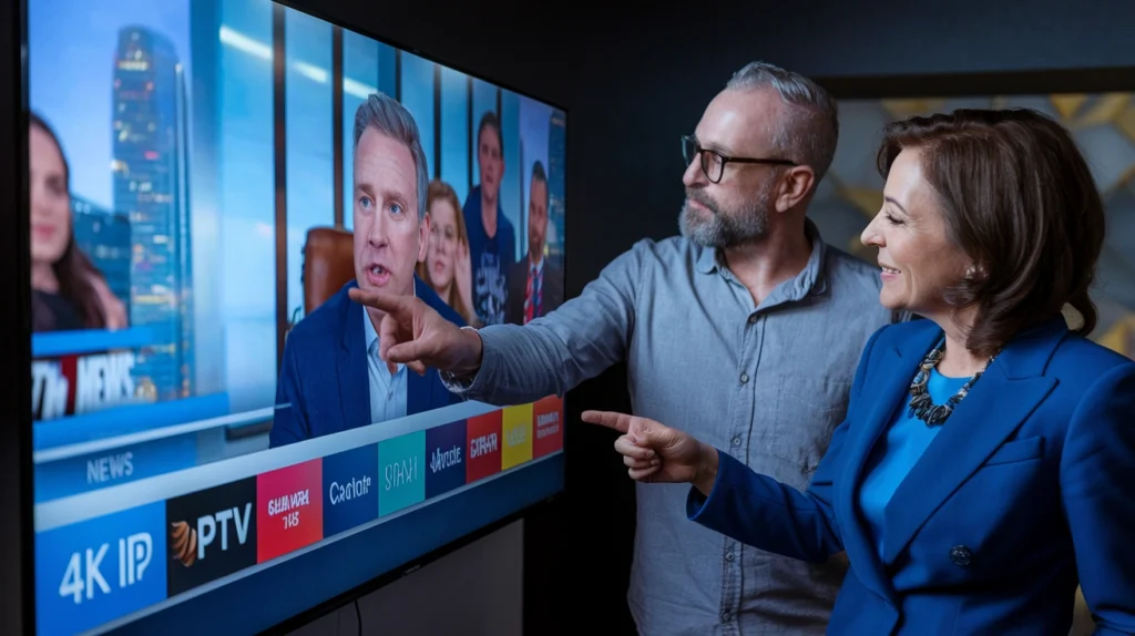 A couple standing next to a large TV screen displaying what appears to be a news program or talk show featuring a person in a blue suit speaking. The man in a gray shirt is pointing at the screen while the woman in a blue blazer is smiling. At the bottom of the TV screen is an interface showing "4K IP" and "PTV" logos along with colorful channel or category indicators. This image illustrates how IPTV services deliver high-definition news and entertainment content that viewers can actively engage with.
