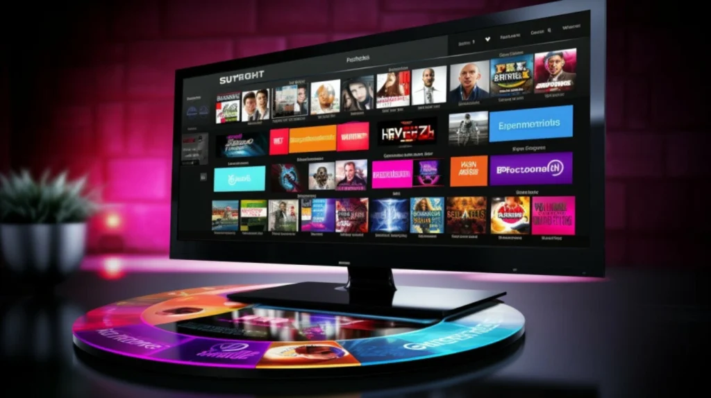A modern TV or monitor display showing an IPTV interface with the name "SUTROHT" at the top. The screen displays a grid of content thumbnails including movies, TV shows, and channels with colorful category tiles. The display sits on what appears to be a circular multicolored interface pad with different sections. The background has a purple/pink ambient lighting.