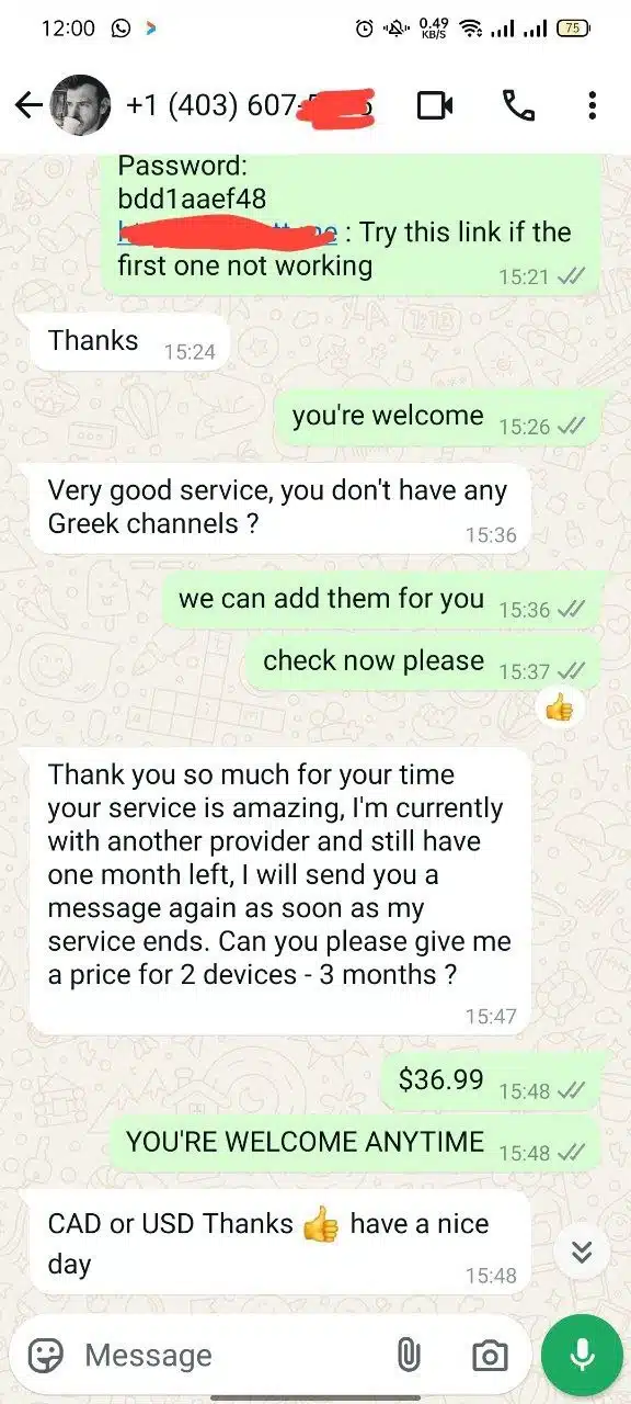 A series of WhatsApp chat conversations discussing IPTV services. The first conversation covers details about a one-year, four-device IPTV subscription, including the need for the MAC ID and device key for activation. The second conversation involves troubleshooting IPTV issues, with support offering to remove unwanted channels. The third chat features a customer asking about IPTVShark services after being recommended by a colleague, questioning the discrepancy between the logo shown in the app and the one on the website.