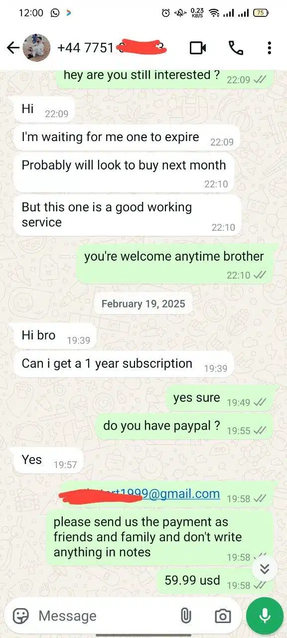 A series of WhatsApp chat conversations discussing IPTV services. The first conversation covers details about a one-year, four-device IPTV subscription, including the need for the MAC ID and device key for activation. The second conversation involves troubleshooting IPTV issues, with support offering to remove unwanted channels. The third chat features a customer asking about IPTVShark services after being recommended by a colleague, questioning the discrepancy between the logo shown in the app and the one on the website.