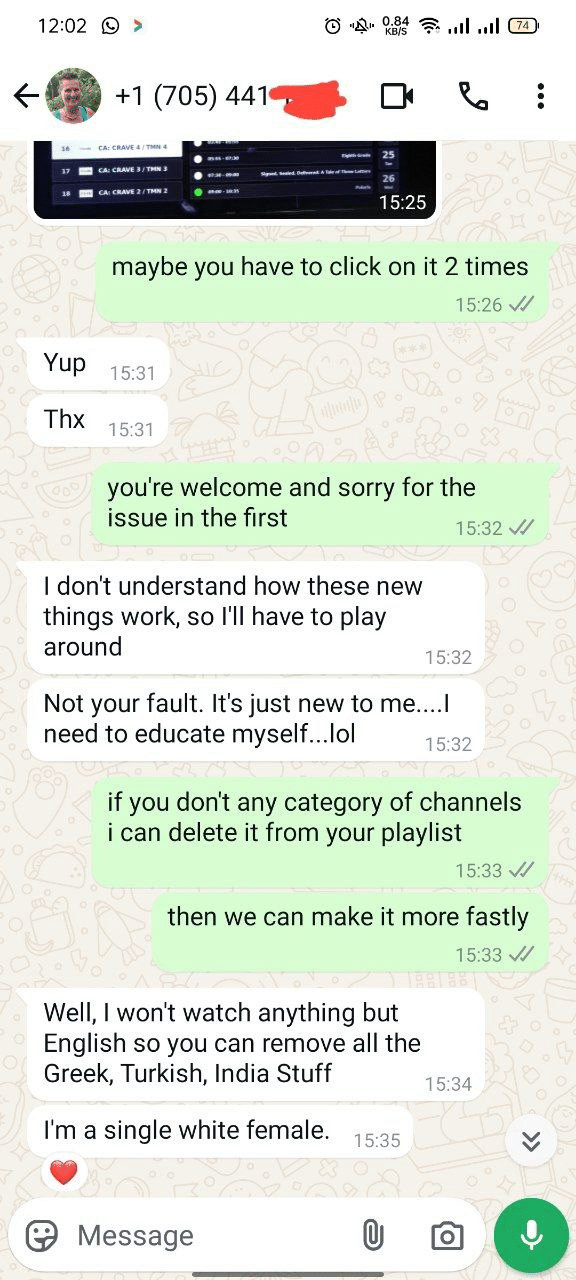 A series of WhatsApp chat conversations discussing IPTV services. The first conversation covers details about a one-year, four-device IPTV subscription, including the need for the MAC ID and device key for activation. The second conversation involves troubleshooting IPTV issues, with support offering to remove unwanted channels. The third chat features a customer asking about IPTVShark services after being recommended by a colleague, questioning the discrepancy between the logo shown in the app and the one on the website.