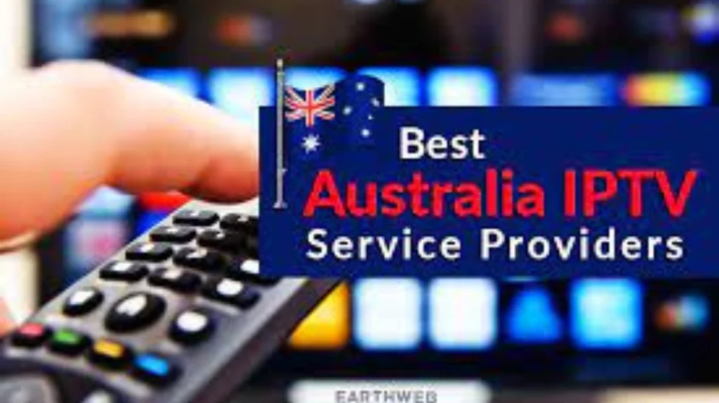 A close-up of a hand holding a remote control pointed at a TV, with a graphic overlay reading "Best Australia IPTV Service Providers" against a background showing the Australian flag and what appears to be a channel selection interface.