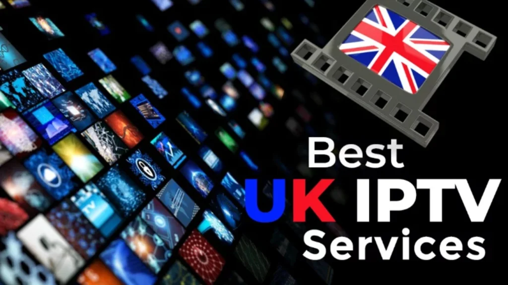 A promotional graphic for "Best UK IPTV Services" featuring the Union Jack (British flag) inside a film strip icon. The background shows a grid of numerous colorful content thumbnails creating a visual representation of the vast library of streaming content available. "UK" is highlighted in red and blue colors matching the British flag, emphasizing British television content. The image conveys the variety and breadth of programming available through UK-focused IPTV services.