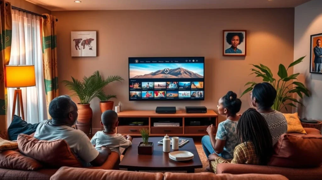A family of four sitting together in a warm, well-decorated living room watching a smart TV. The TV displays a streaming service interface showing a mountain landscape and a grid of content thumbnails below it. The family consists of two adults and two children sitting on a brown sectional sofa with a coffee table in front of them that has drinks and a small plant. The room is decorated with houseplants, framed portraits on the walls including a world map, and features colorful curtains and warm lighting from a floor lamp. The scene depicts a comfortable family entertainment setting.