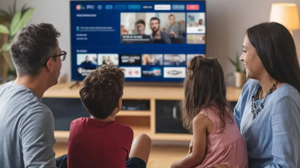 Happy family enjoying IPTV streaming on a smart TV in a cozy living room, showing a user-friendly interface with various entertainment options.