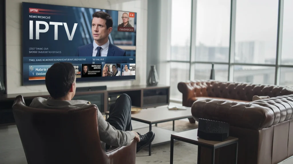 Man relaxing in a leather armchair watching IPTV news channels on a large flat-screen TV in a modern living room with floor-to-ceiling windows.